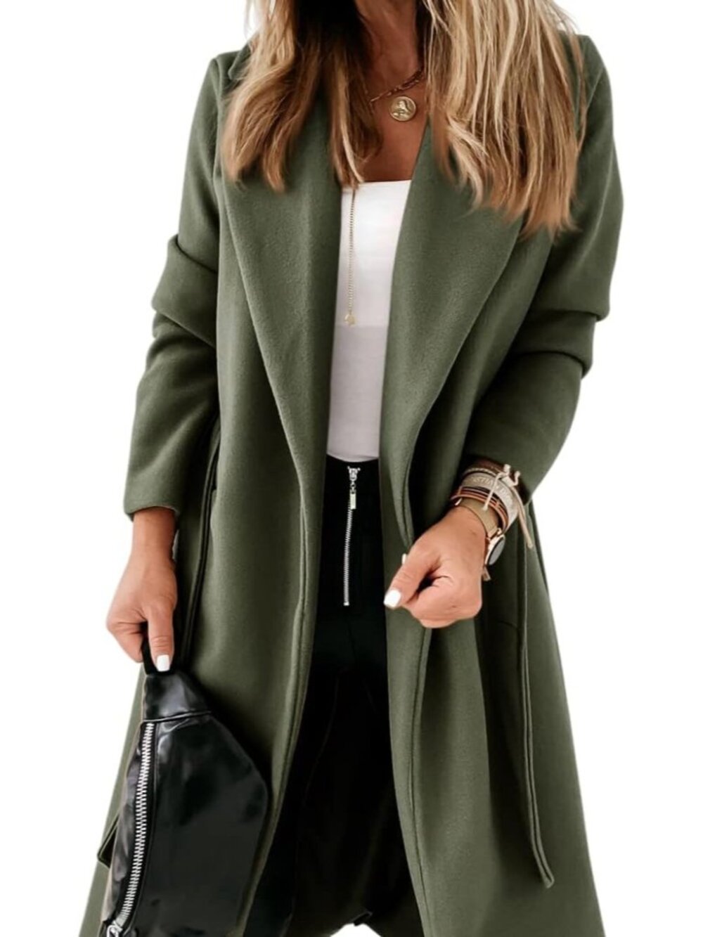 Women's Army Green Classic Lapel Collar Open Front Belted Long Jacket Pea Coats